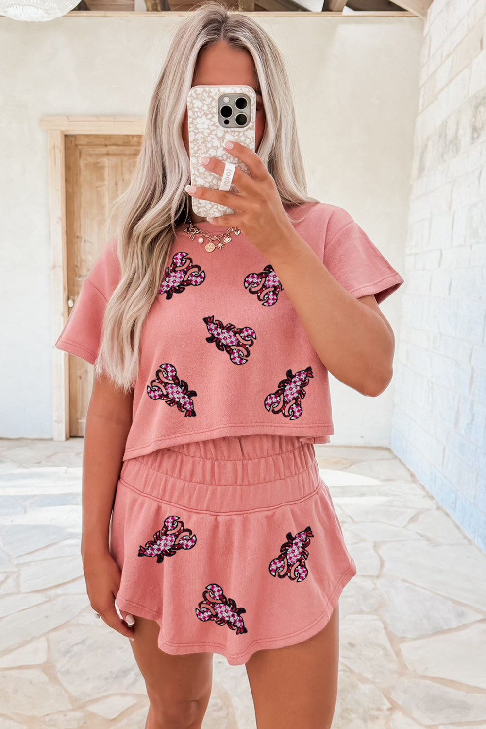 Blossom Sequined Lobster Patched Crop Tee and High Waist Short Set Graphic Sets JT's Designer Fashion