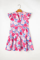 Pink Floral Printed V Notched Ric Rac Flutter Sleeve Dress Floral Dresses JT's Designer Fashion