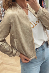 Pale Khaki Metallic Zip up Baseball Jacket Jackets JT's Designer Fashion