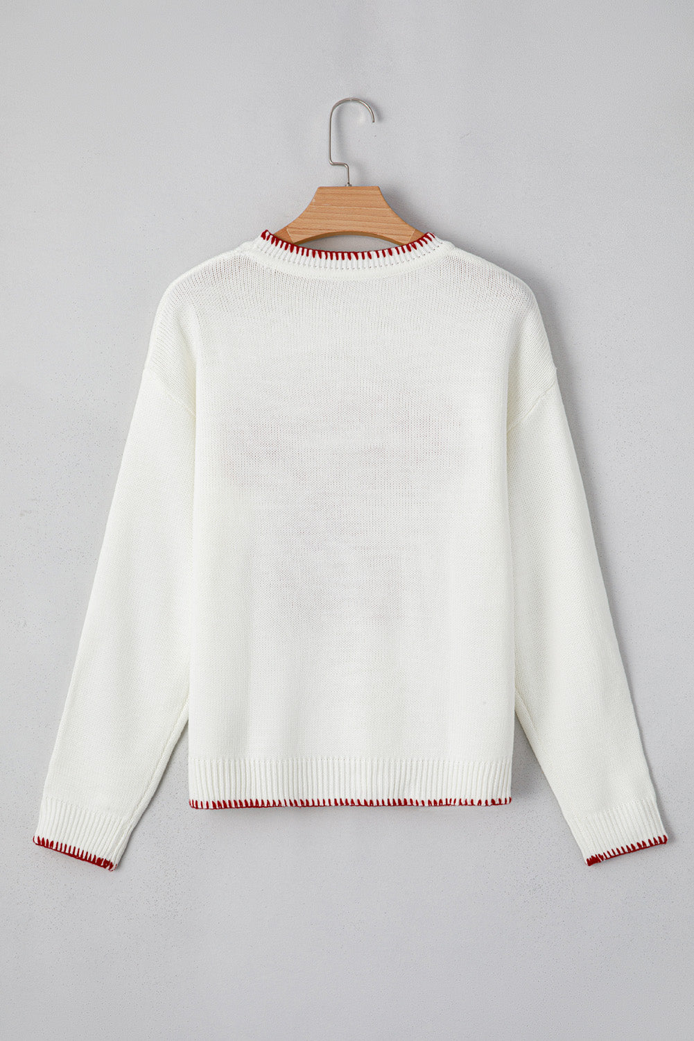 White Bow Pattern Contrast Trim Christmas Loose Graphic Sweater Sweaters JT's Designer Fashion