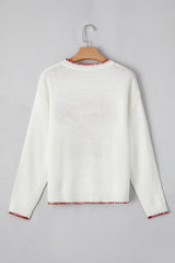 White Bow Pattern Contrast Trim Christmas Loose Graphic Sweater Sweaters JT's Designer Fashion