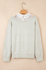 Light Grey Button Keyhole Lace Patchwork Drop Shoulder Sweater Sweaters JT's Designer Fashion