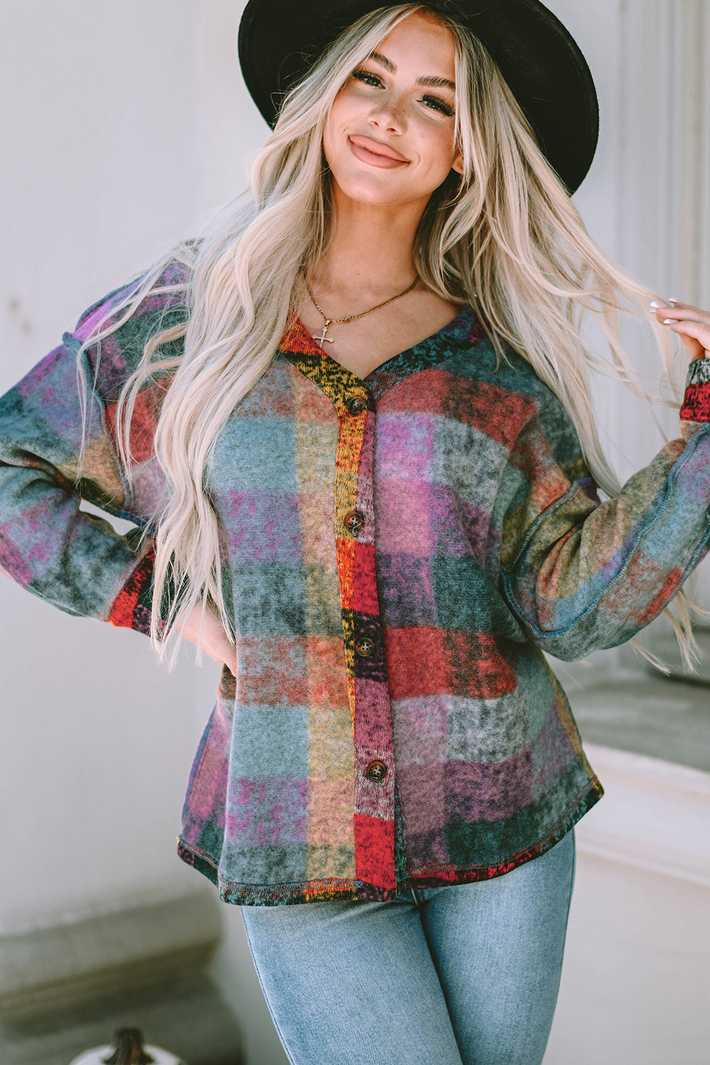 Multicolor Brushed Checked Western Buttoned Jacket Jackets JT's Designer Fashion