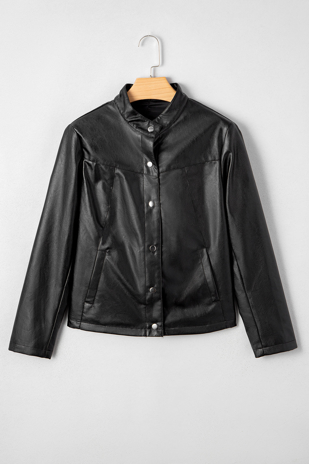 Black Faux Leather Buttoned Front Boxy Jacket Jackets JT's Designer Fashion