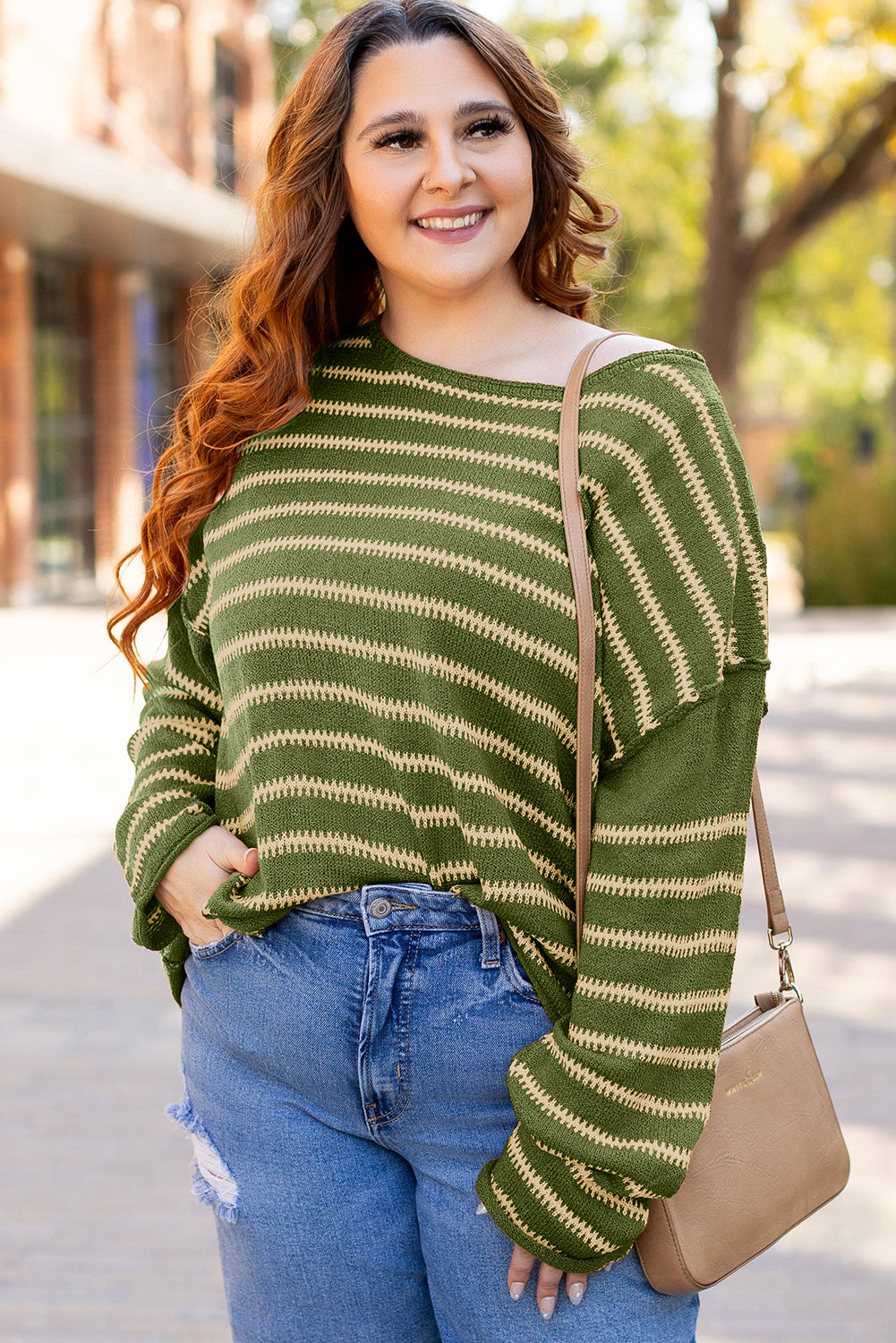 Green Stripe Drop Shoulder Casual Sweater Sweaters JT's Designer Fashion