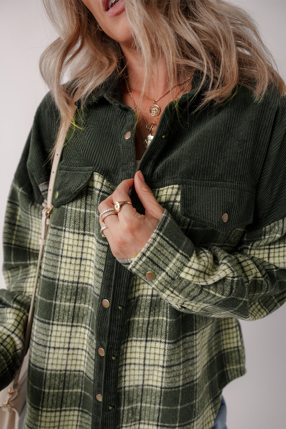 Blackish Green Snap Buttons Colorblock Plaid Shacket Plaid Shackets JT's Designer Fashion