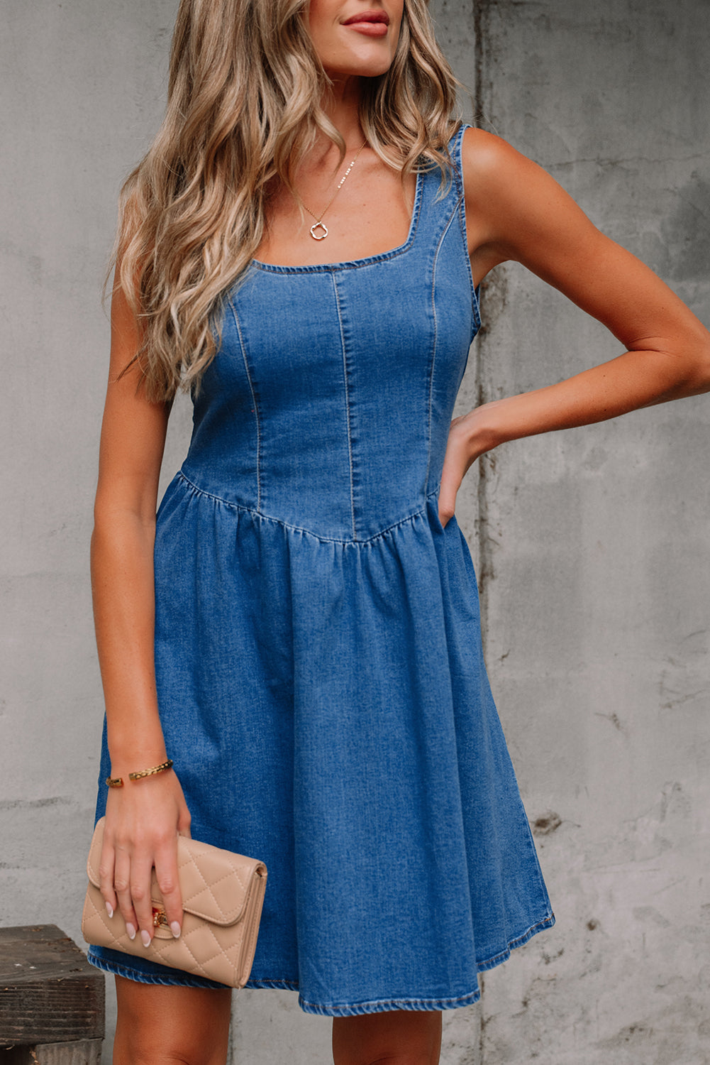Sail Blue Square Neck Bowknot A-line Sleeveless Denim Dress JT's Designer Fashion