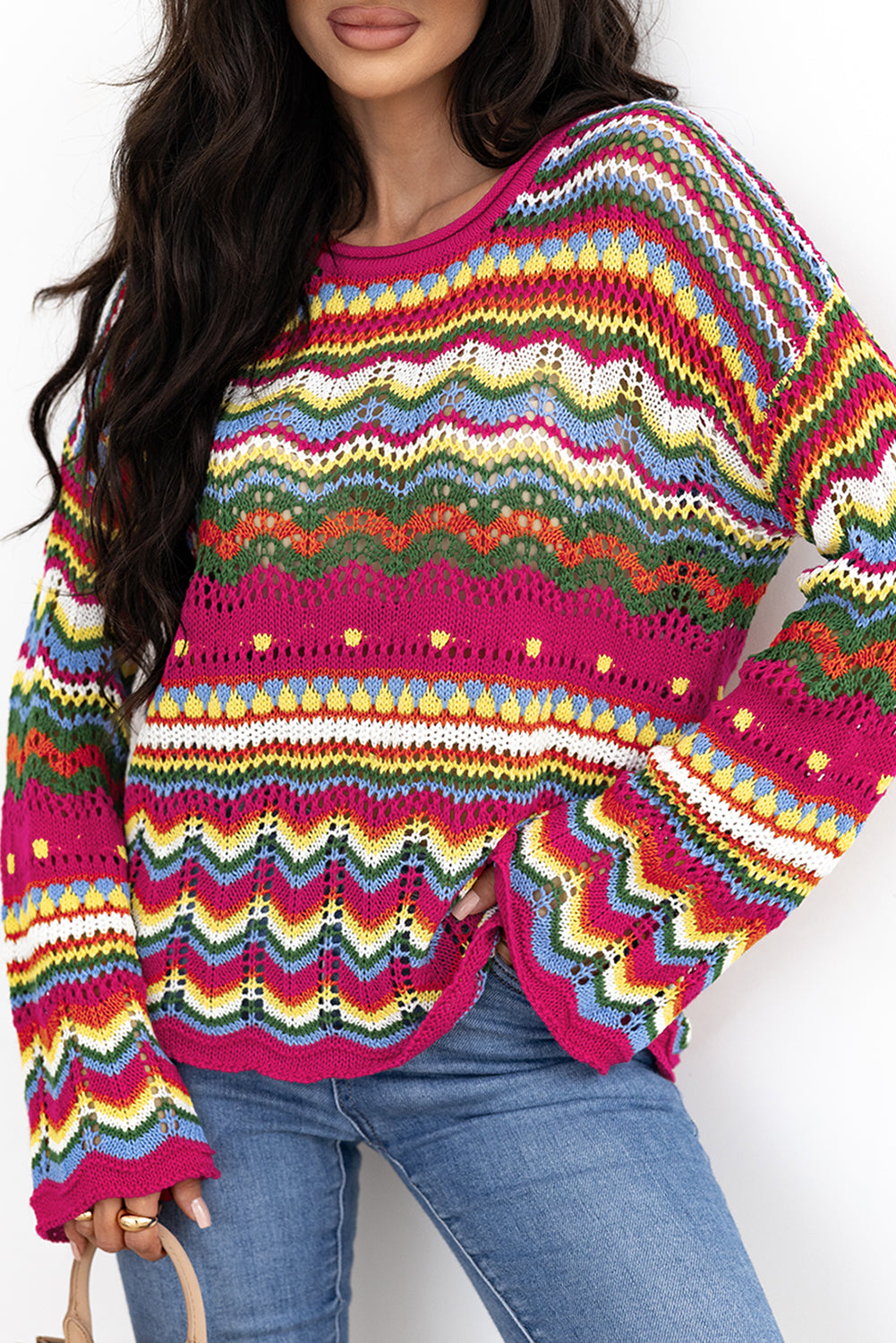 Rose Red Colorblock Striped Hollowed Knit Loose Sleeve Sweater Sweaters JT's Designer Fashion
