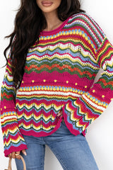 Rose Red Colorblock Striped Hollowed Knit Loose Sleeve Sweater Sweaters JT's Designer Fashion