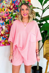 Light Pink Waffle Knit Oversize Tee and Shorts Set Short Sets JT's Designer Fashion