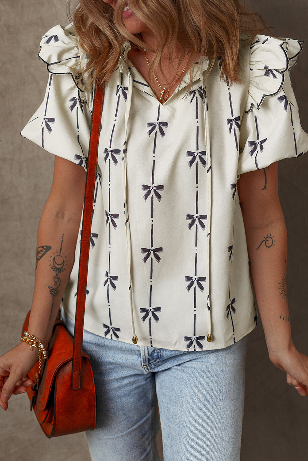 Beige Bow Printed Ruffled Bubble Sleeve Tied Notched V Neck Blouse Blouses & Shirts JT's Designer Fashion