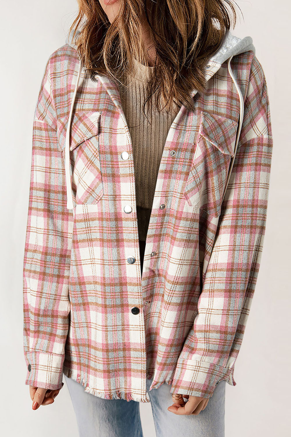 Multicolour Plaid Flap Pocket Hooded Raw Hem Jacket Multicolour 100%Polyester Plaid Shackets JT's Designer Fashion