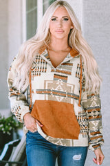Beige Aztec Print Kangaroo Pocket Half-Zip Hoodie Sweatshirts & Hoodies JT's Designer Fashion
