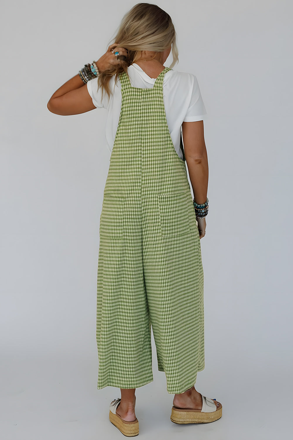 Green Gingham Wide Leg Loose Overall with Pockets Jumpsuits & Rompers JT's Designer Fashion