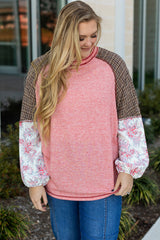 Pink Checkered Paisley Patchwork Raglan Sleeve Seamed Plus Size Top Plus Size Long Sleeve Tops JT's Designer Fashion