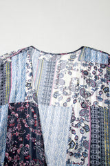 Blue Retro Floral Print Long Loose Open Front Kimono Kimonos JT's Designer Fashion