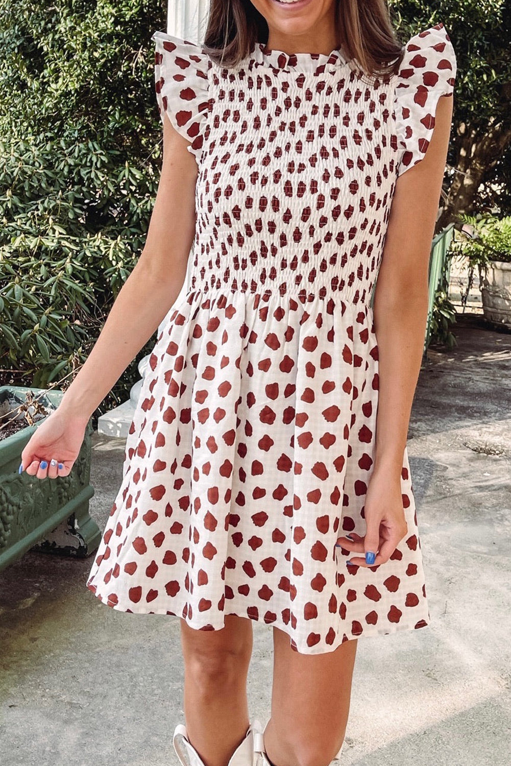 Brown Abstract Printed Flutter Sleeve Smocked Bodice Short Dress Mini Dresses JT's Designer Fashion