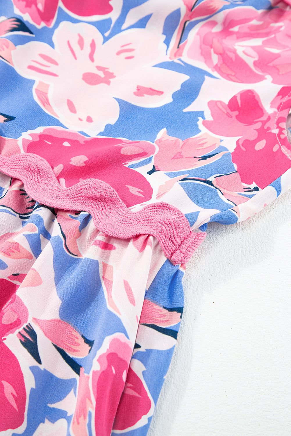 Pink Floral Printed V Notched Ric Rac Flutter Sleeve Dress Floral Dresses JT's Designer Fashion