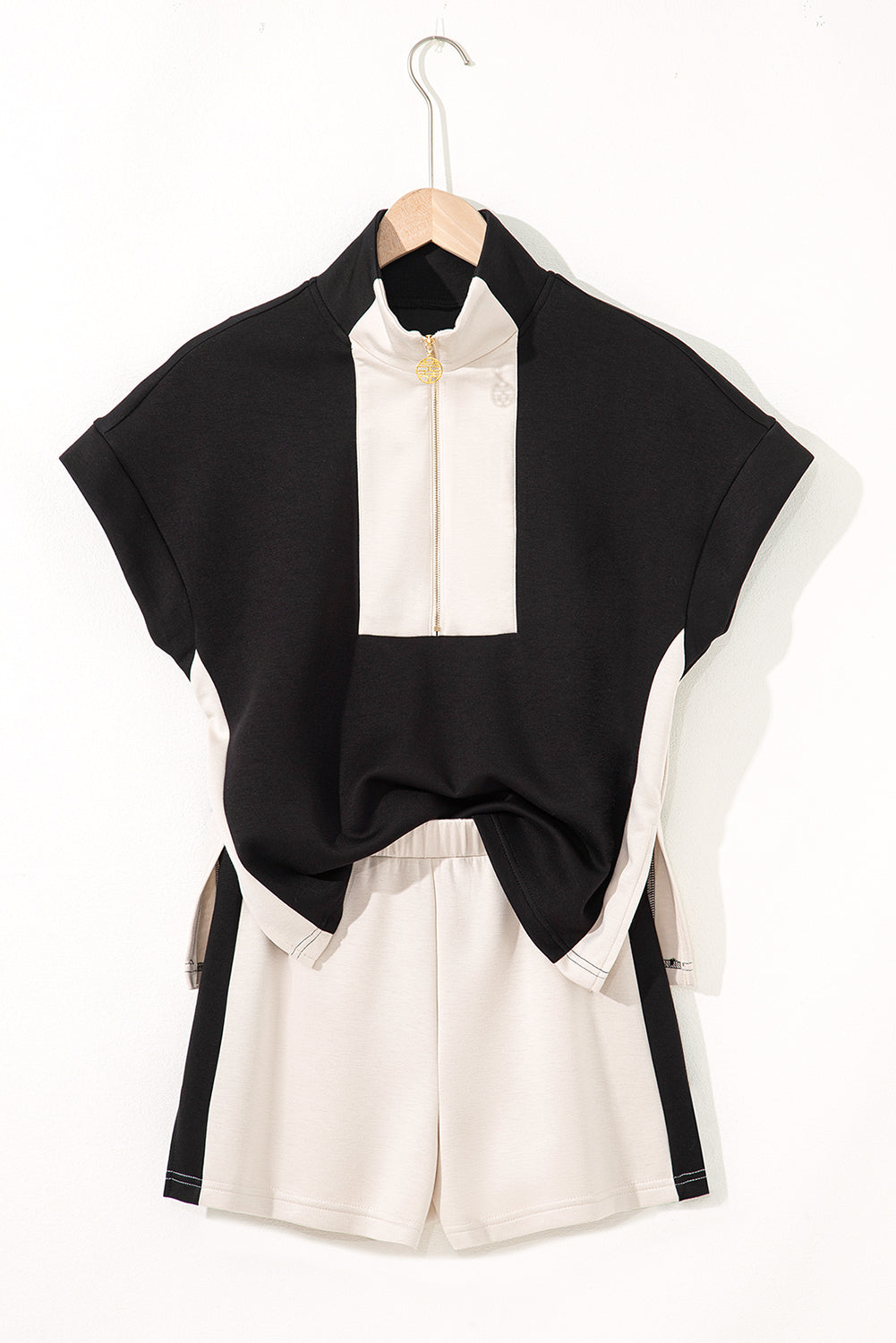 Black Contrast Zipped Stand Collared T Shirt and Short Set Short Sets JT's Designer Fashion