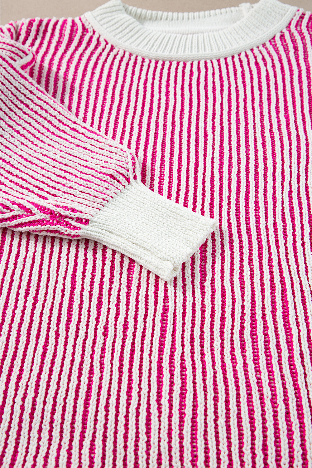 Bright Pink Striped Textured Knit Contrast Edge Loose Sweater Sweaters JT's Designer Fashion