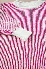 Bright Pink Striped Textured Knit Contrast Edge Loose Sweater Sweaters JT's Designer Fashion