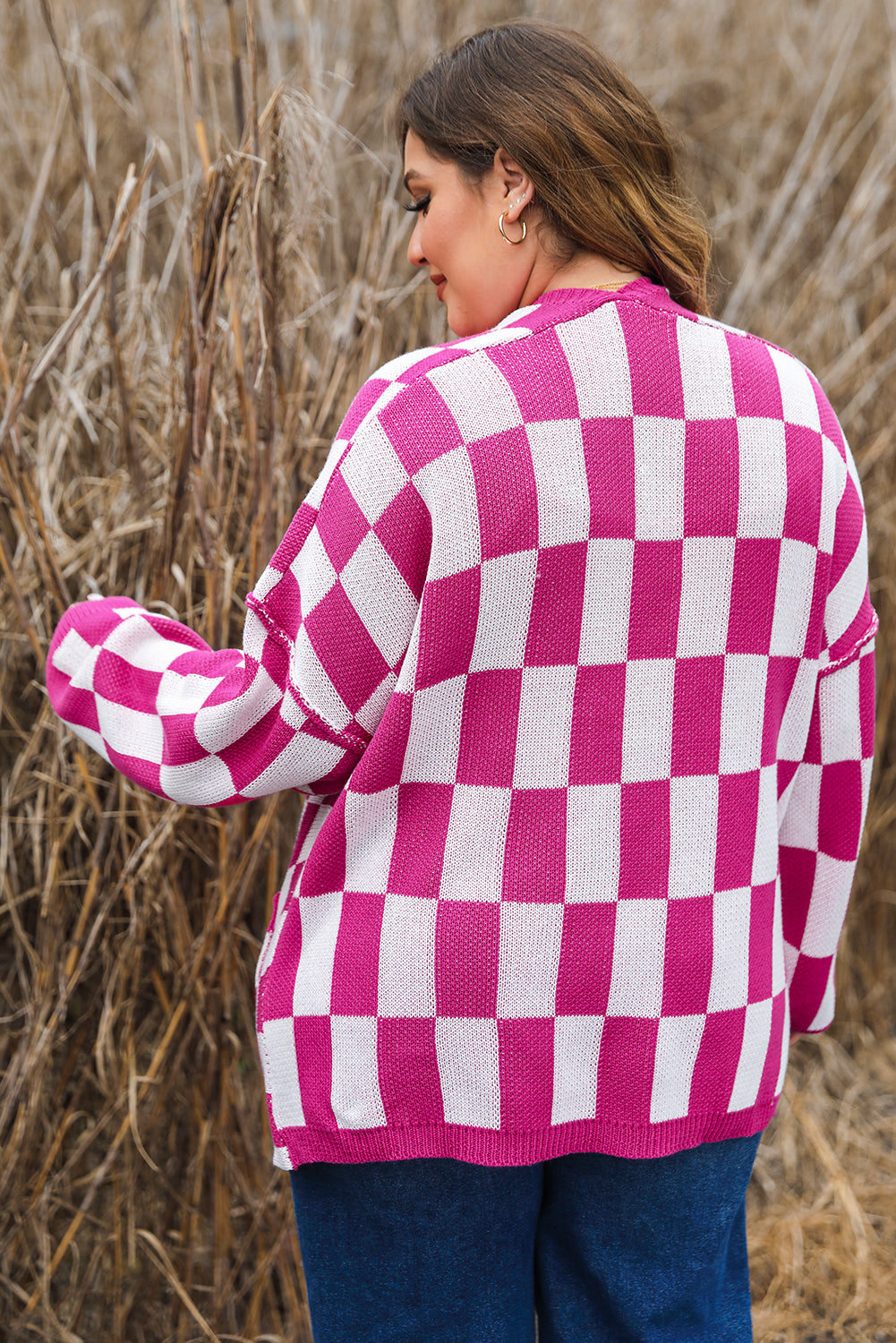 Bonbon Checkered Pattern Open Front Plus Size Cardigan Plus Size Sweaters & Cardigans JT's Designer Fashion
