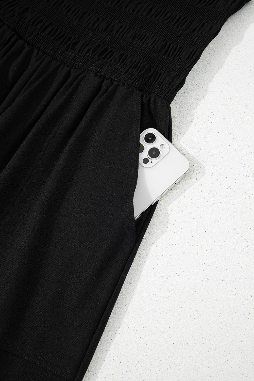 Black Spaghetti Straps Shirred Bodice Pocketed Wide Leg Jumpsuit Jumpsuits & Rompers JT's Designer Fashion