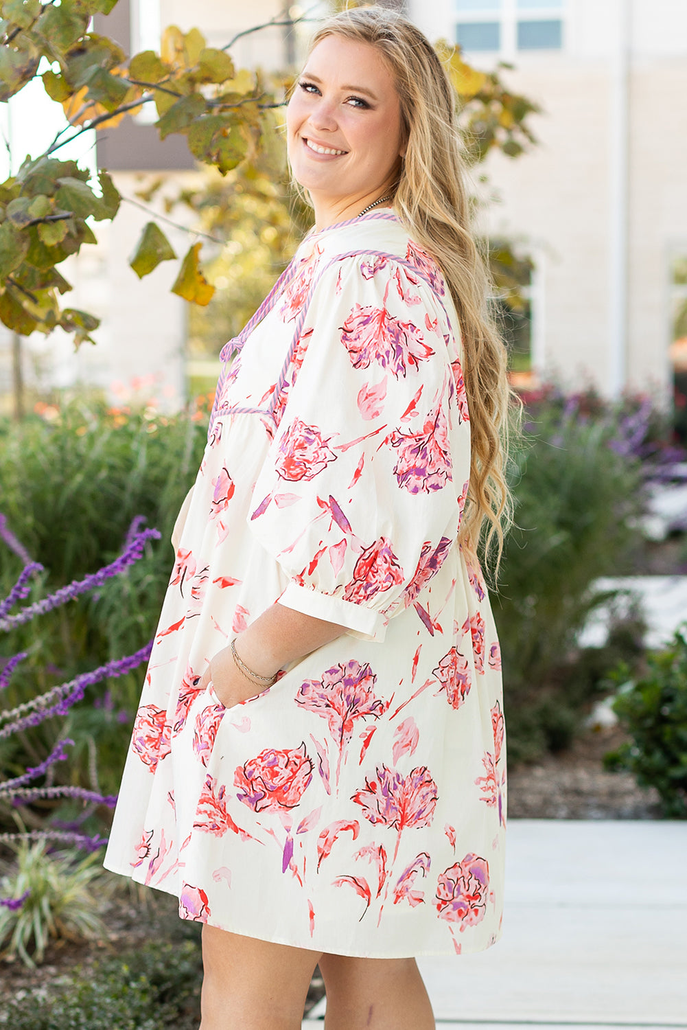 White Floral Print Lace up V Neck Balloon Sleeve Plus Size Shift Mini Dress Plus Size Mini Dresses JT's Designer Fashion