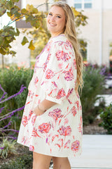 White Floral Print Lace up V Neck Balloon Sleeve Plus Size Shift Mini Dress Plus Size Mini Dresses JT's Designer Fashion