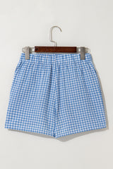 Blue Gingham Printed High Waist Shorts Casual Shorts JT's Designer Fashion