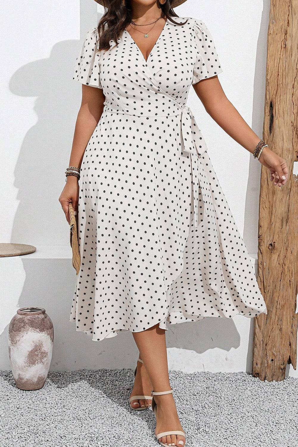 Khaki Polka Dot Surplice V Neck Tied Waist Flutter Sleeve Flowy Plus Size Midi Dress Plus Size Midi Dresses JT's Designer Fashion