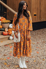 Orange Western Geometric Print Tiered Frilled Loose Fit Midi Dress Midi Dresses JT's Designer Fashion