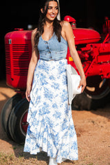 Sky Blue Boho Floral High Waist Ruffle Split Maxi Skirt Skirts & Petticoat JT's Designer Fashion
