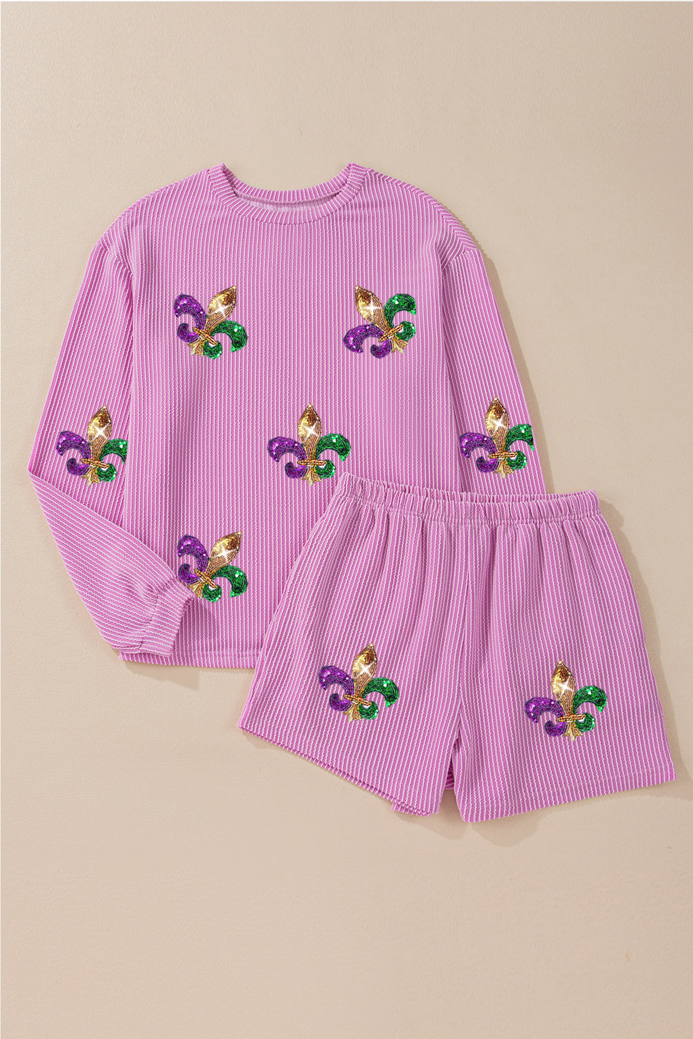 Phalaenopsis Mardi Gras Fleur de Lis Patched Corded Long Sleeve Top and Shorts Graphic Sets JT's Designer Fashion