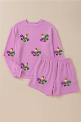 Phalaenopsis Mardi Gras Fleur de Lis Patched Corded Long Sleeve Top and Shorts Graphic Sets JT's Designer Fashion