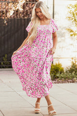 Pink Dainty Floral Smocked Puff Sleeve Flowy Long Dress Maxi Dresses JT's Designer Fashion