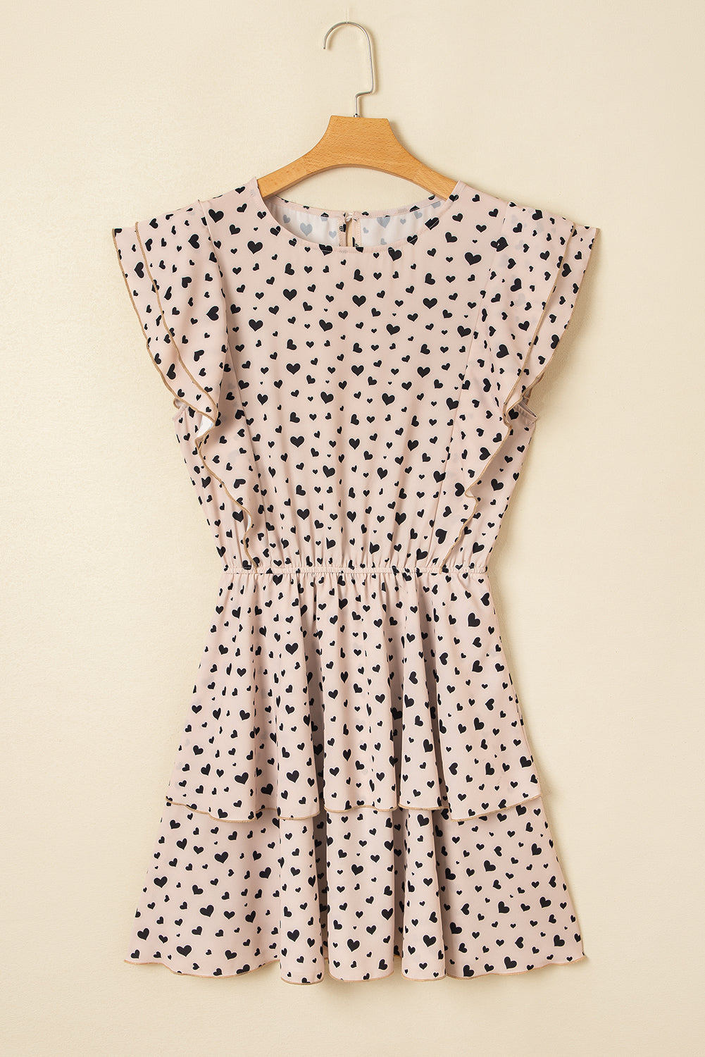Khaki Heart Printed Flutter Sleeve Cinched Waist Tiered Ruffle Mini Dress Mini Dresses JT's Designer Fashion
