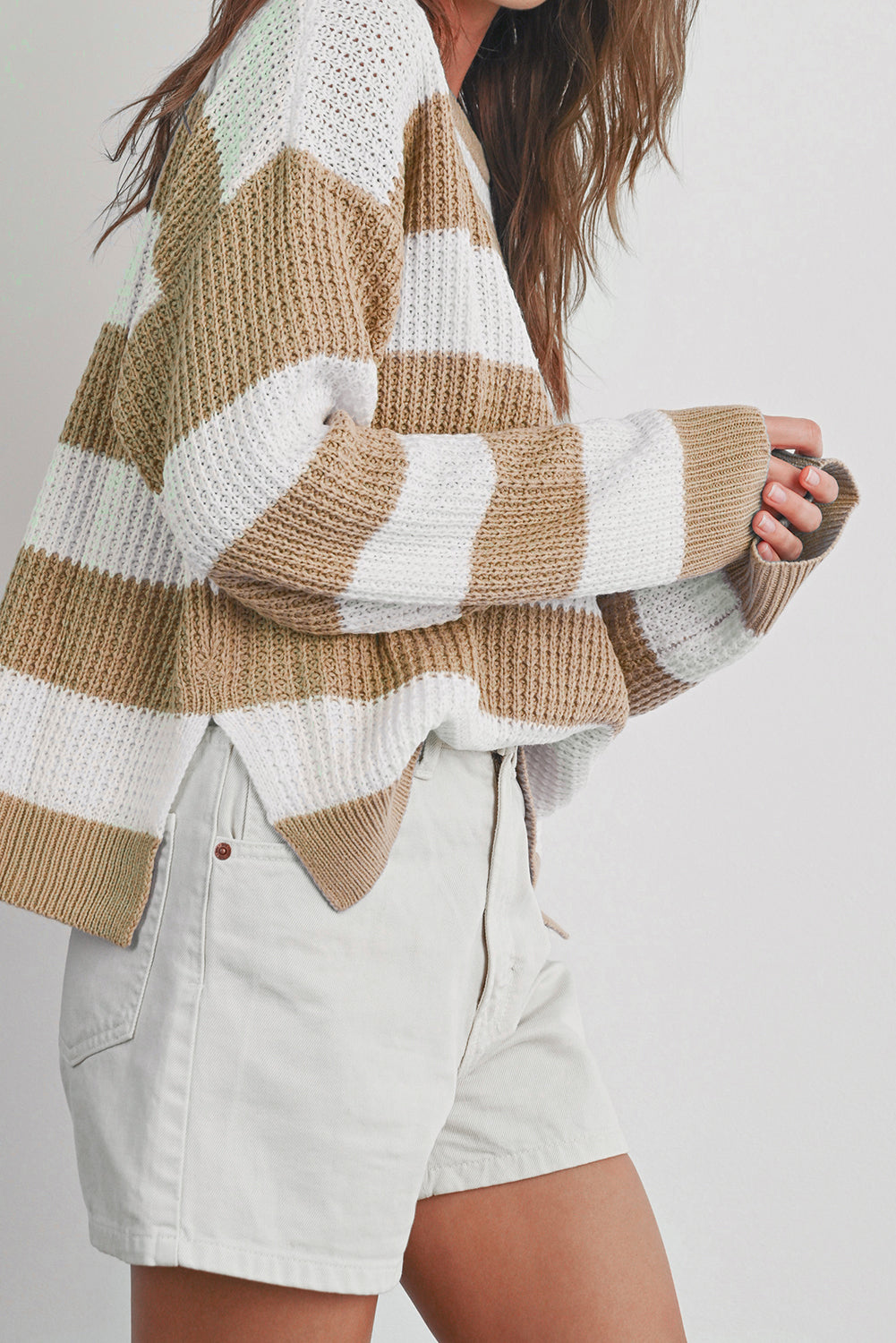 Light French Beige Colorblock Striped Drop Shoulder Side Slit Sweater Sweaters JT's Designer Fashion
