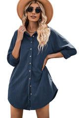 Blue Corduroy Shirt Style Full Button Long Sleeve Shift Mini Dress Mini Dresses JT's Designer Fashion