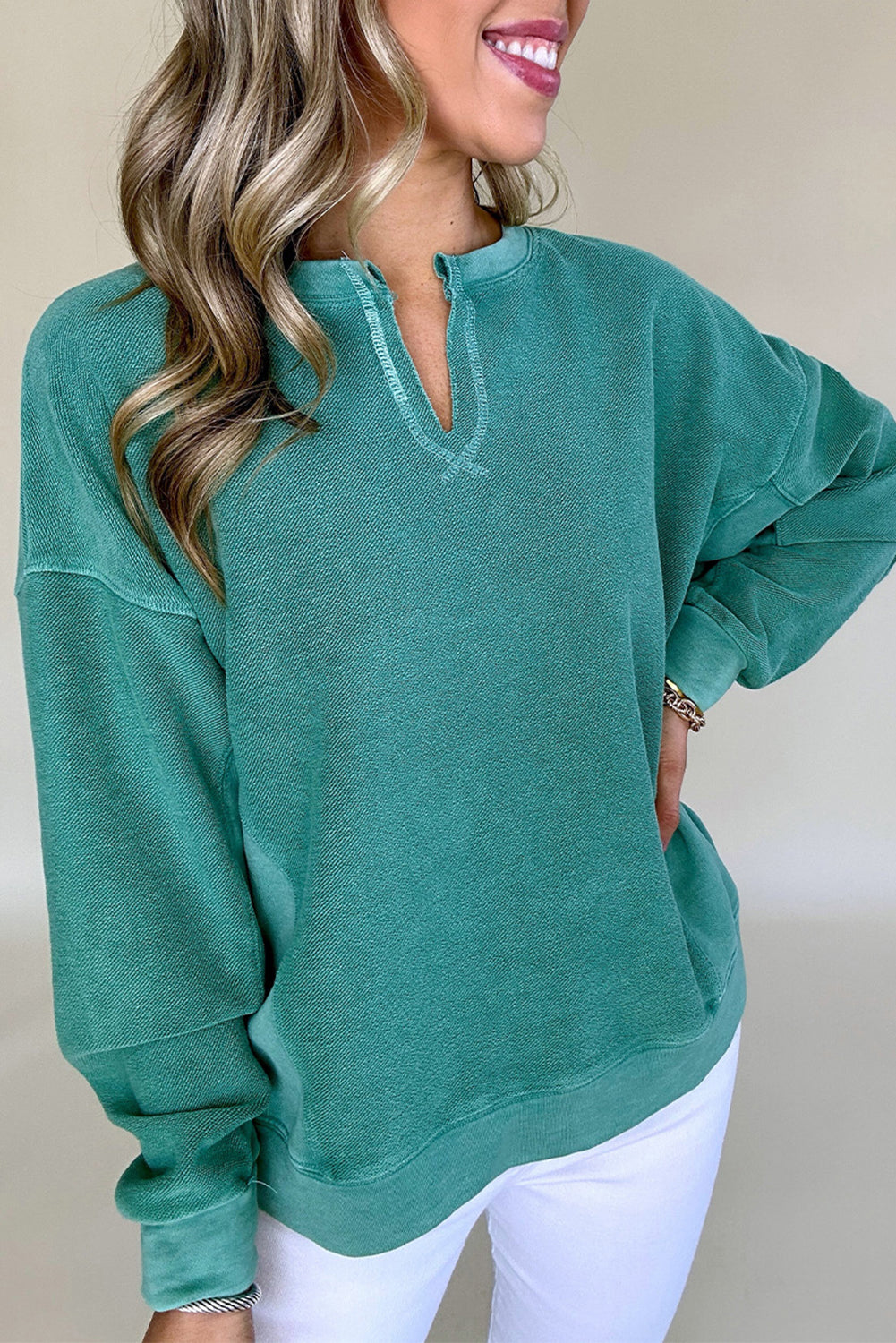 Skobeloff Solid Color Notched Neck Drop Shoulder Sweatshirt Sweatshirts & Hoodies JT's Designer Fashion