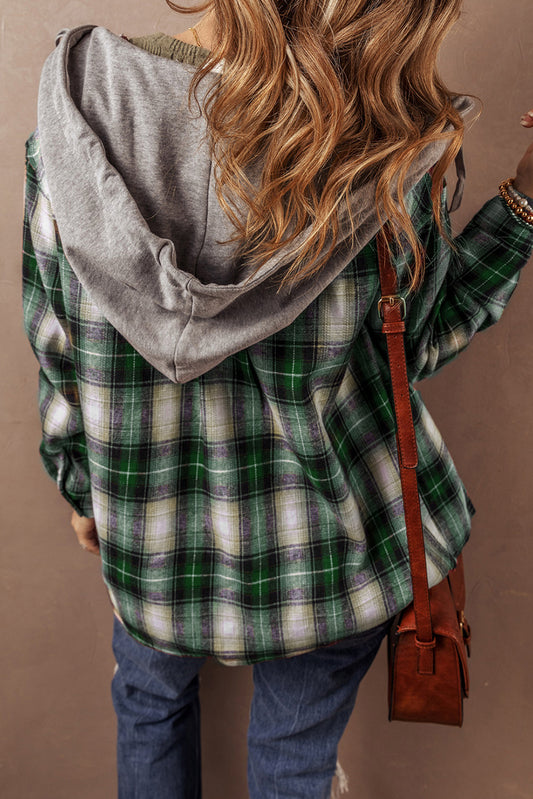 Green Plaid Print Chest Pocket Buttoned Hooded Shacket Plaid Shackets JT's Designer Fashion