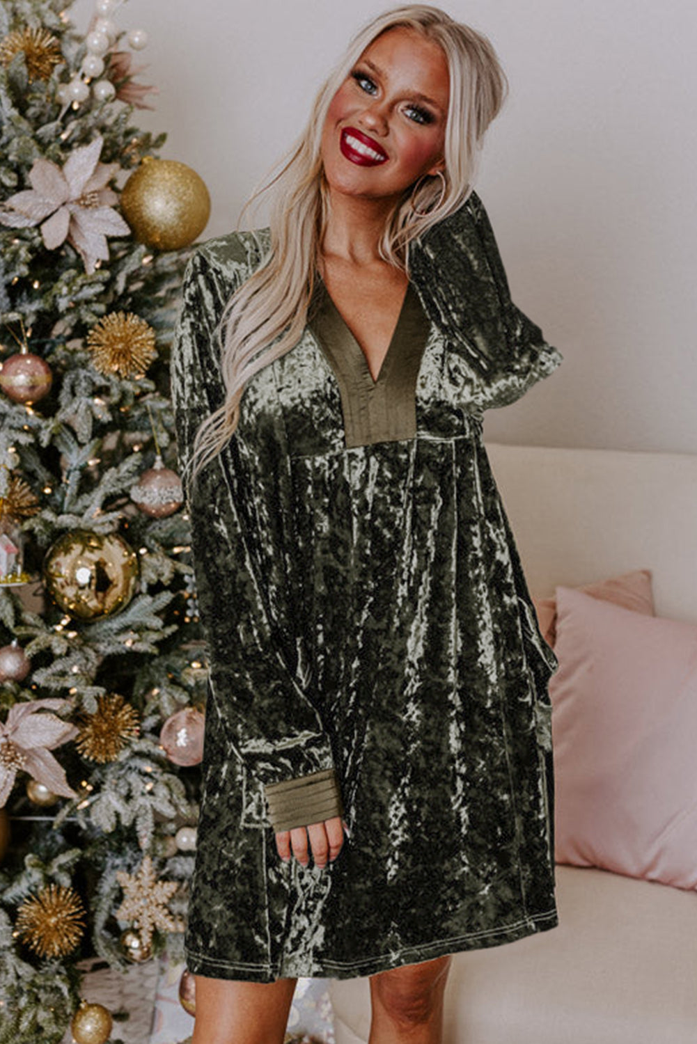 Jungle Green Velvet Long Sleeve V Neck Loose Dress with Pockets Mini Dresses JT's Designer Fashion
