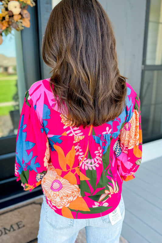 Rose Blooming Flower Print Ruffled Puff Sleeve Blouse Blouses & Shirts JT's Designer Fashion