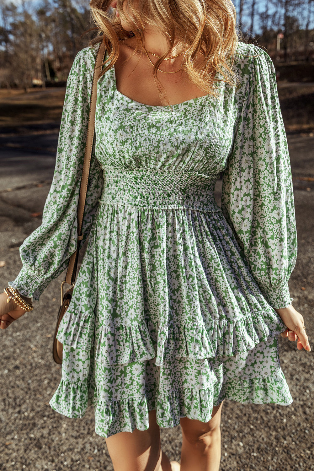 Green Floral Print Square Neck Shirred Waist Tiered Ruffled Mini Dress Green 100%Polyester Floral Dresses JT's Designer Fashion