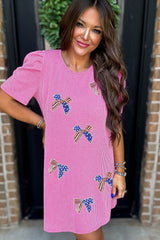 Bright Pink Flag Pattern Inspired Sequin Bow Spiral Ribbed Puff Sleeve T Shirt Dress Graphic Dresses JT's Designer Fashion