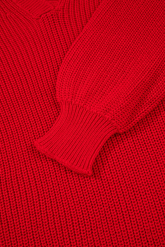 Racing Red Solid Textured Knit V Neck Drop Shoulder Sweater Sweaters JT's Designer Fashion