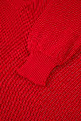 Racing Red Solid Textured Knit V Neck Drop Shoulder Sweater Sweaters JT's Designer Fashion