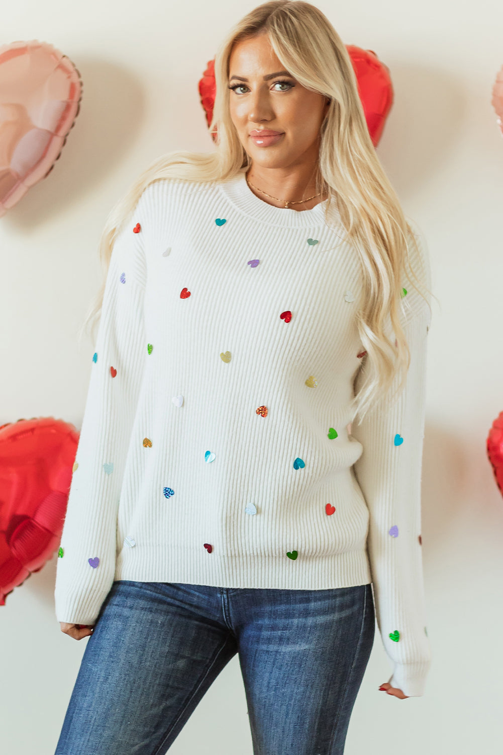 Beige Sequin Heart Shape Waffle Knit Round Neck Sweater Sweaters JT's Designer Fashion