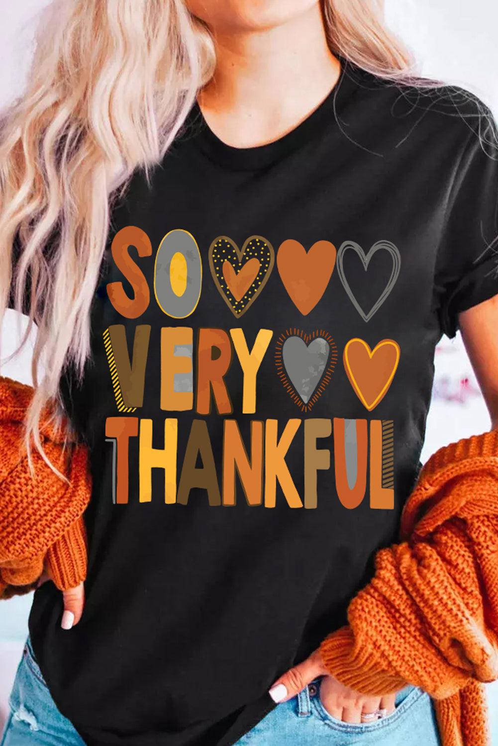 Black So Very Thankful Heart Printed Crewneck Thanksgiving T Shirt Graphic Tees JT's Designer Fashion