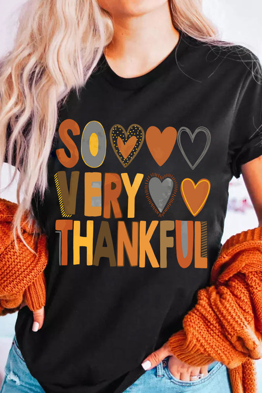 Black So Very Thankful Heart Printed Crewneck Thanksgiving T Shirt Graphic Tees JT's Designer Fashion